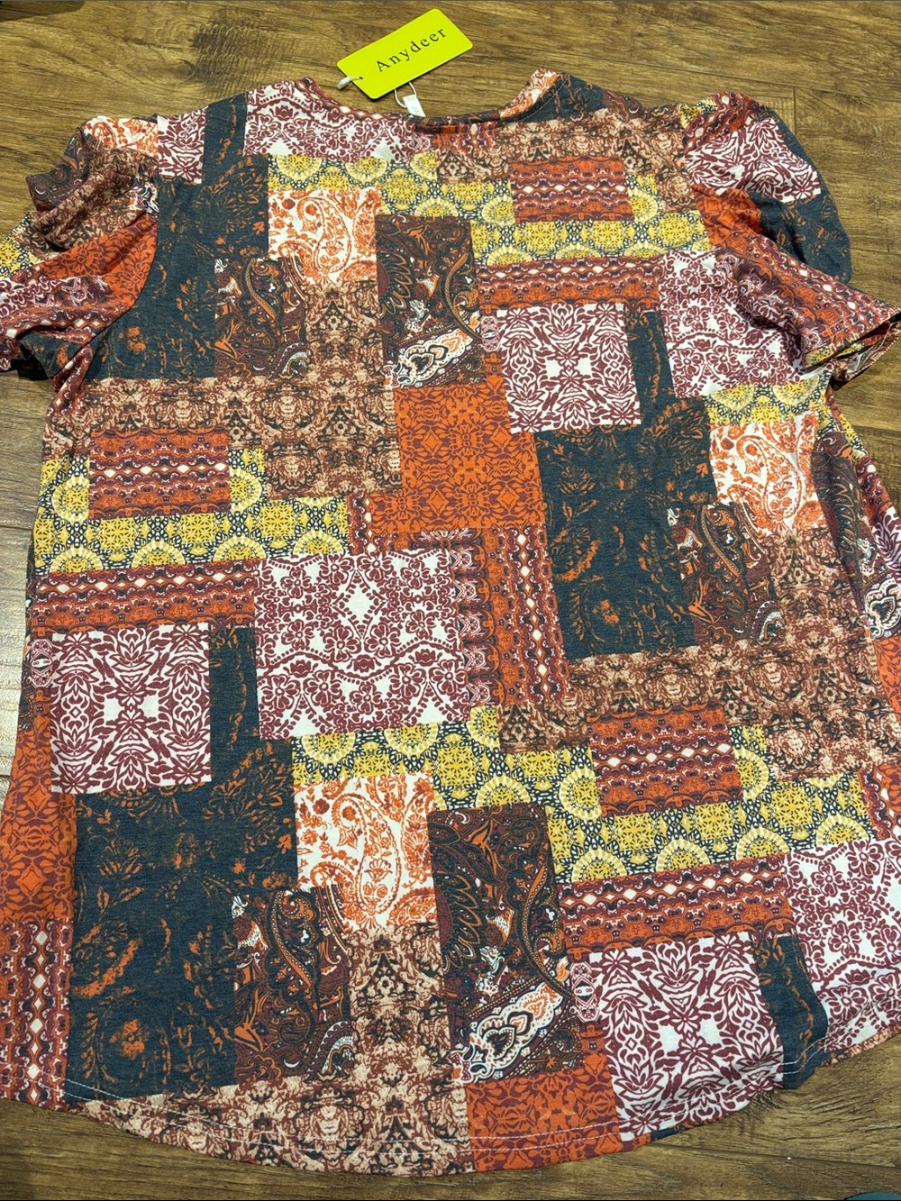 Rust Multi Patchwork V-Neck Short Sleeve Top - Picture 8 of 10